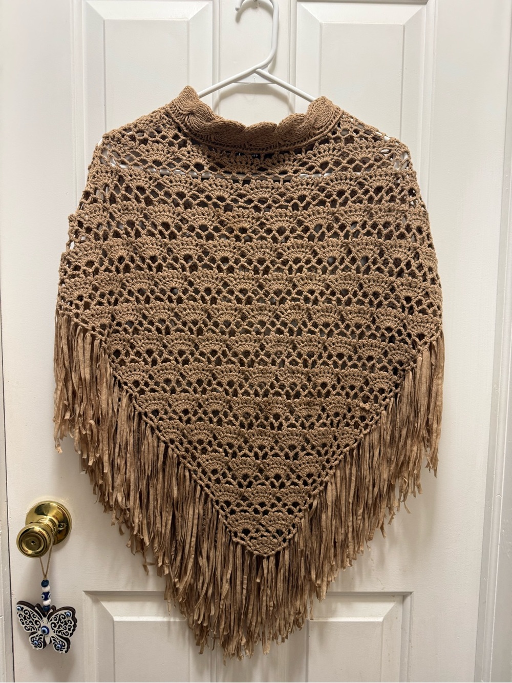 Cejon Boho Open Knit Crochet Poncho Mock Neck Fringe Tan Shrug OS
